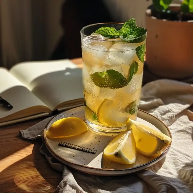 Mounjaro energy drink served with lemon wedges and mint on a ceramic plate