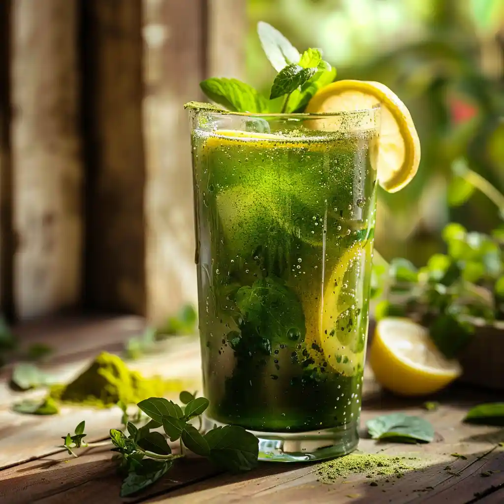 Mounjaro energy drink with lemon, mint, and chlorophyll in a dewy glass