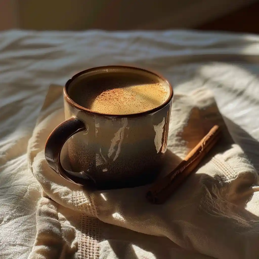 Mug of prune juice butter bomb and butter on a linen napkin with cinnamon
