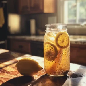Natural Zepbound drink in a mason jar with lemon slices and chia seeds on a sunny kitchen counter