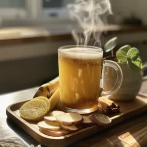 Natural Zepbound drink in a ceramic mug with lemon and ginger slices floating