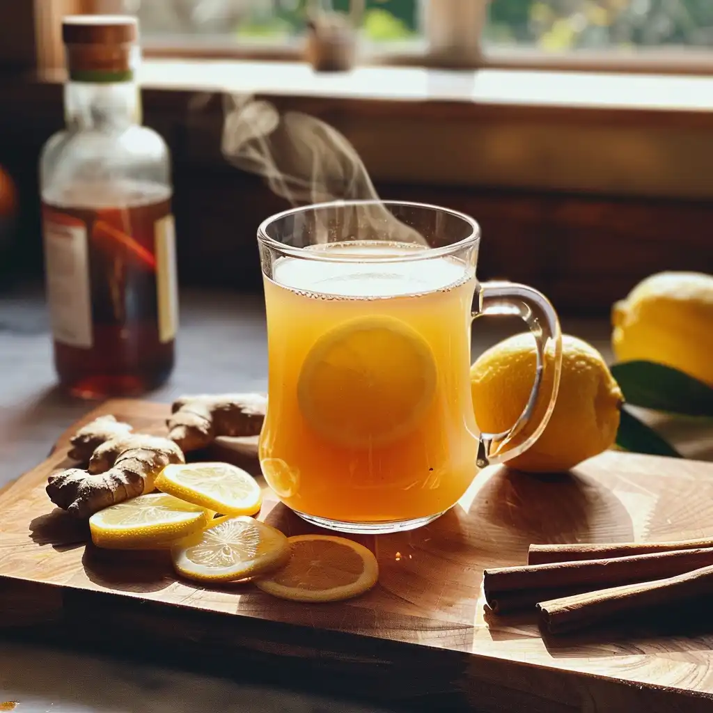 Natural zepbound drink served in a clear mug with lemon and ginger on the side