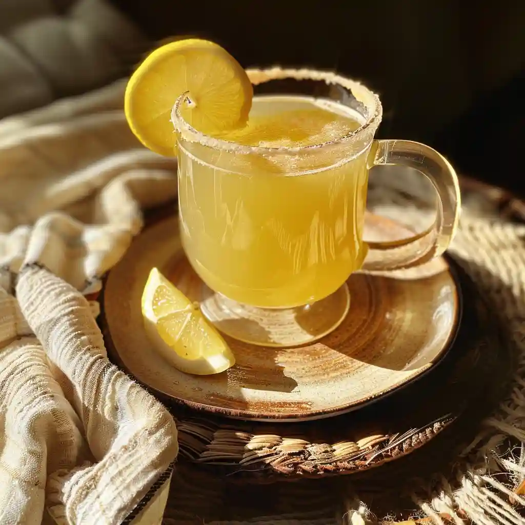 Natural zepbound drink with steam rising, surrounded by fresh ingredients