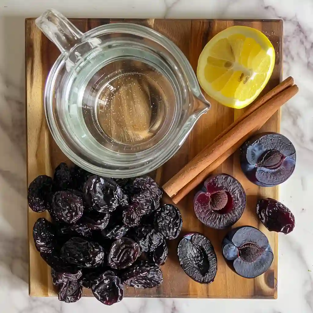 prune juice vs plum juice - Overhead shot of dried prunes, fresh plums, water pitcher, cinnamon stick, and lemon wedge on a wooden cutting board