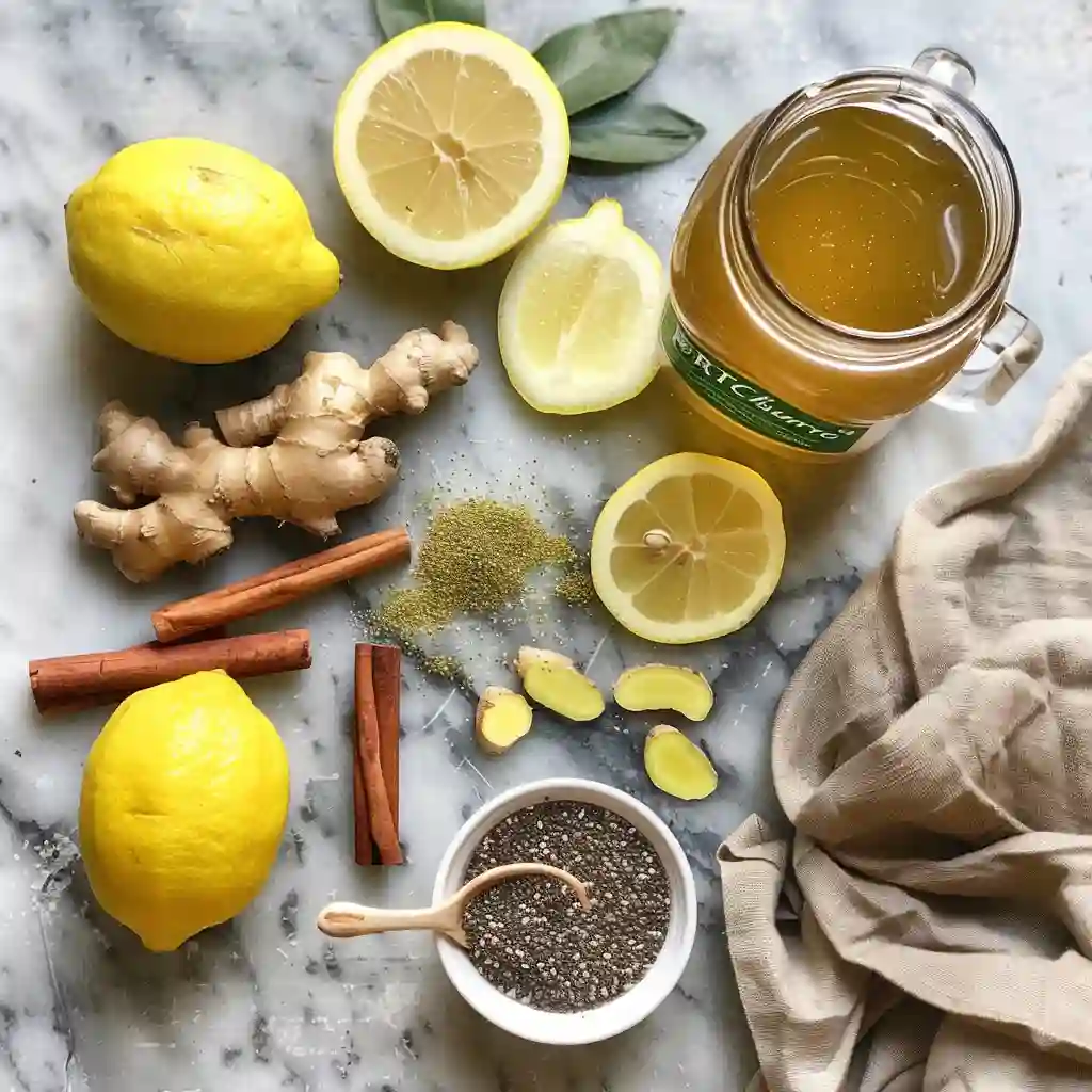 Overhead view of all ingredients for Keto Mounjaro Shots on a kitchen counter