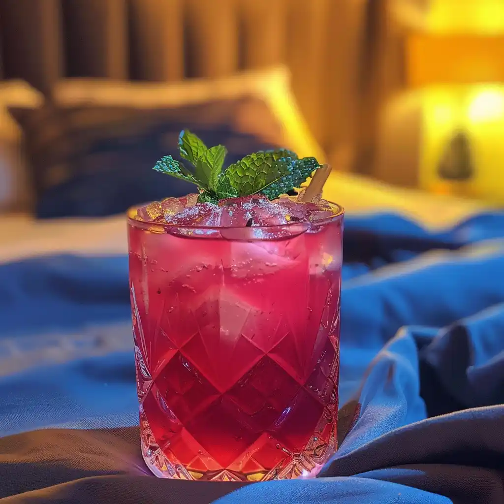 Pink Moon Juice Sleepy Girl Mocktail in a short glass with mint on a cozy bedside table