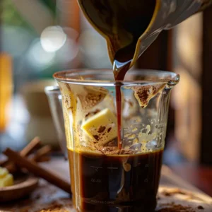 Pouring black coffee into blender with MCT oil and butter for loophole recipe