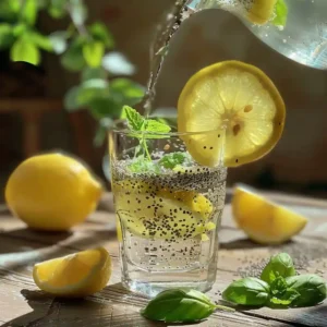 Pouring homemade weight loss seed drink into clear serving glass