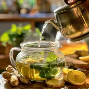 Pouring hot water over lemon balm leaves and ginger slices in a clear teapot