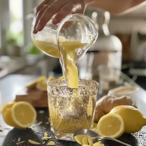 Pouring lemon juice into a glass of chia and ginger during Mounjaro drink prep