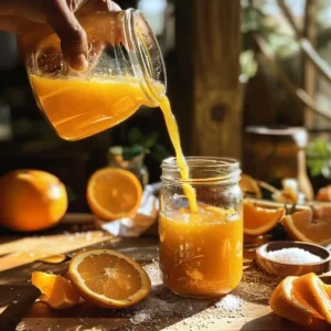 Pouring magnesium powder into fresh orange juice to make the best cortisol cocktail for weight loss, with salt and orange slices nearby