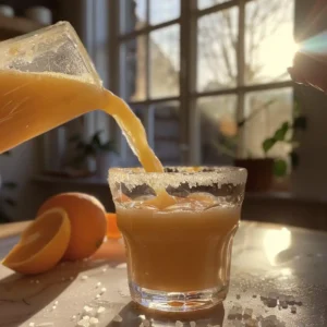 Pouring orange juice into a glass with added sea salt and cream of tartar