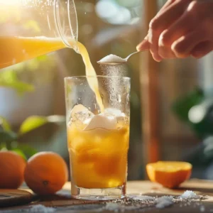 Pouring orange juice into cortisol cocktail over ice
