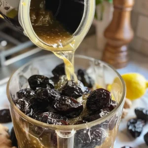 Pouring soaked prunes and water into a blender with steam rising