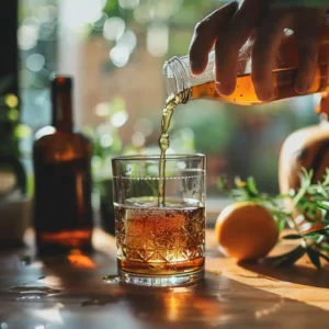Pouring soursop bitters into a small glass on a wooden counter with herbs nearby