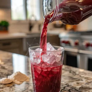 Pouring tart cherry juice over ice in a glass while prepping the sleepy girl mocktail