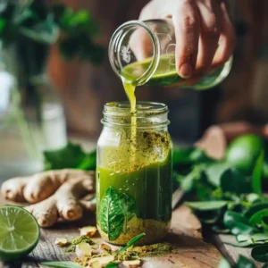 Preparing hooper detox by adding lime juice into a jar with ginger and moringa