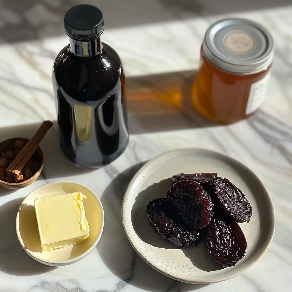 Prune juice, butter, cinnamon, and ghee displayed on a farmhouse table