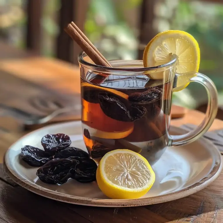 Prune juice detox served in a clear mug with lemon and cinnamon