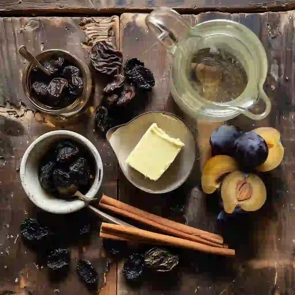 prune juice near me ingredients on a kitchen counter including dried prunes, cinnamon, and butter