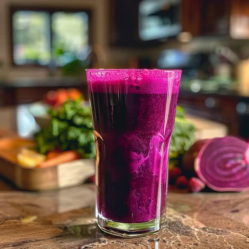 Purple peel detox drink in a clear glass with lemon wedge and berries