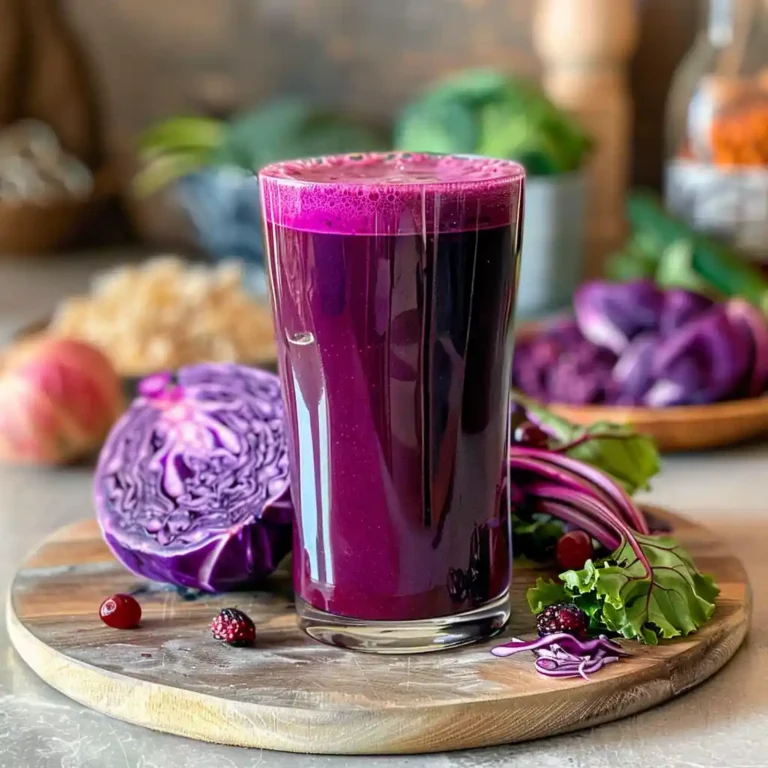 Purple peel drink served with lemon wedge and berries on rustic table