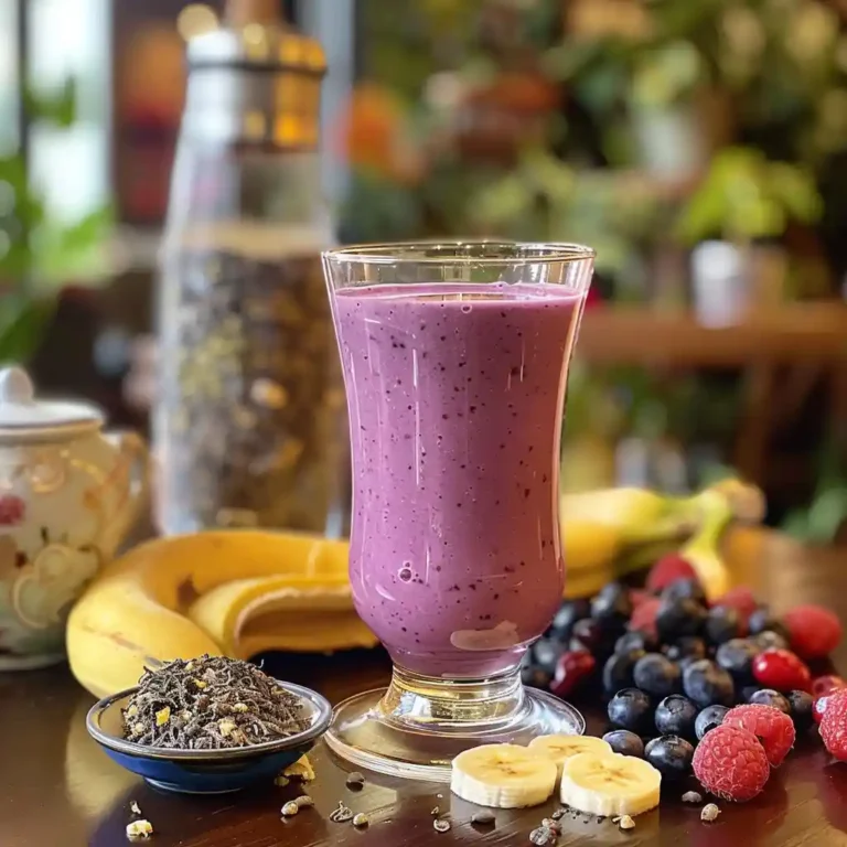 Purple peel tea and smoothie served on a rustic wooden table