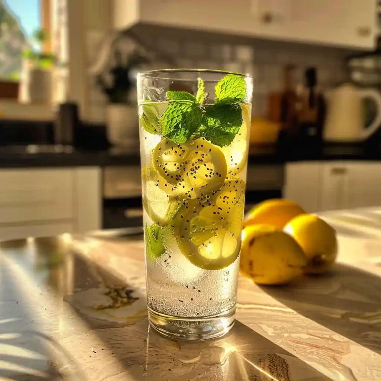 Refreshing glass of ice water with lemon slices, chia seeds, and mint leaves on a sunlit kitchen counter