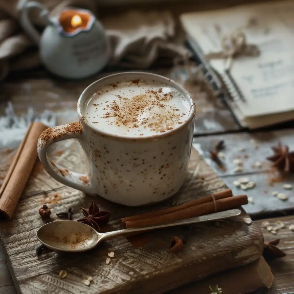 Ryze mushroom coffee in a ceramic mug with oat milk and cinnamon, captured on a rustic kitchen table