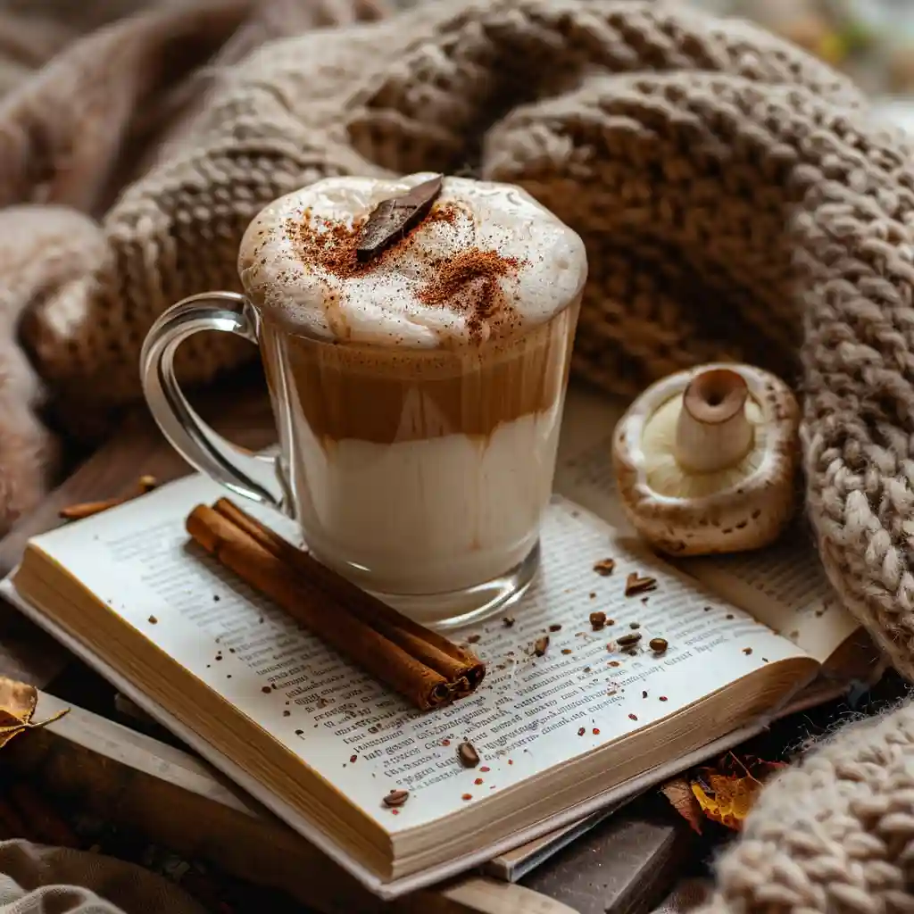 Ryze mushroom coffee served in a clear mug with oat milk foam and cozy background