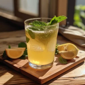 Served glass of apple cider vinegar drink on a wooden tray with mint and lemon