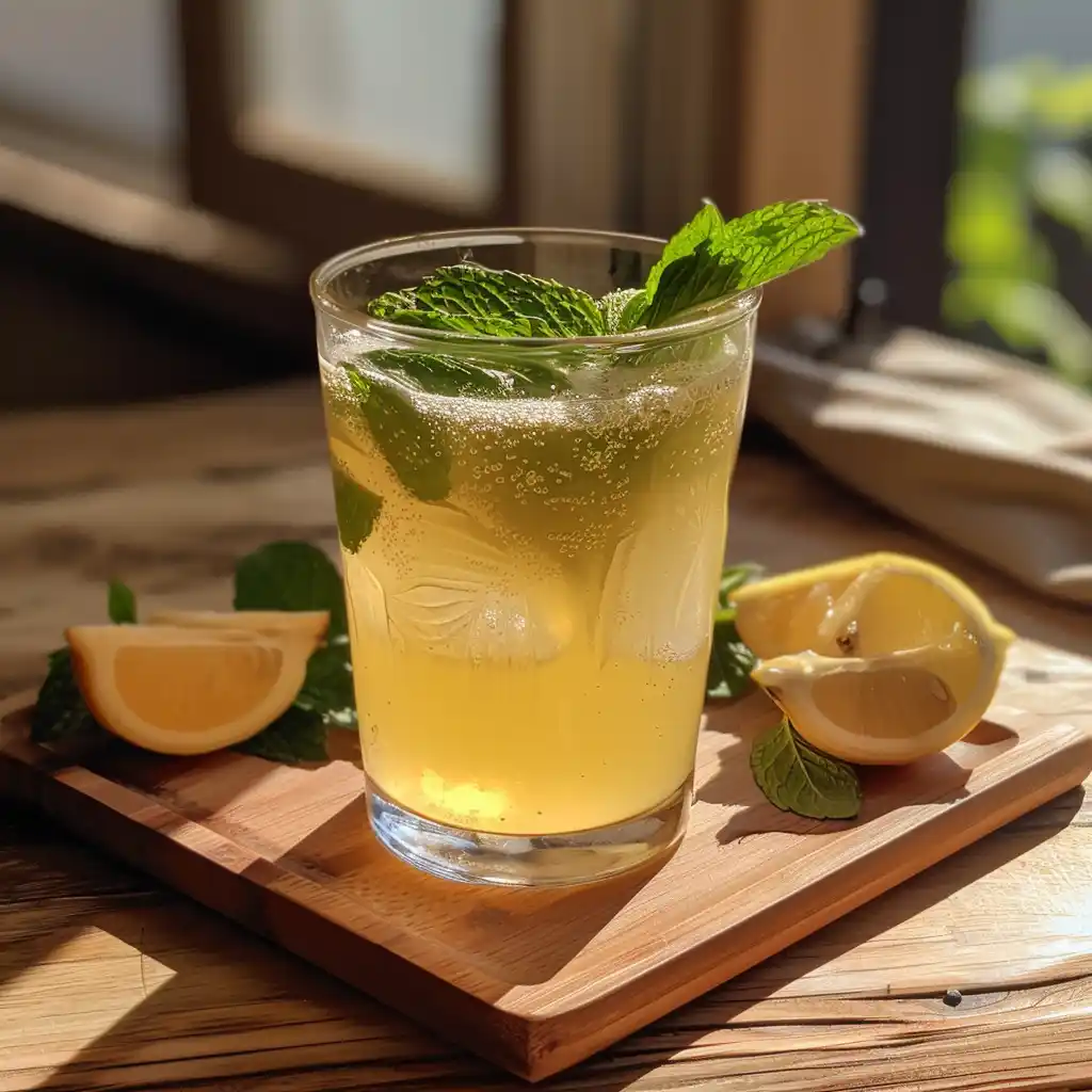 Served glass of apple cider vinegar drink on a wooden tray with mint and lemon