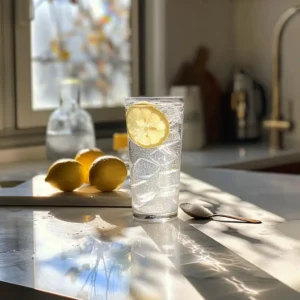 Served glass of ice water and baking soda on a breakfast table