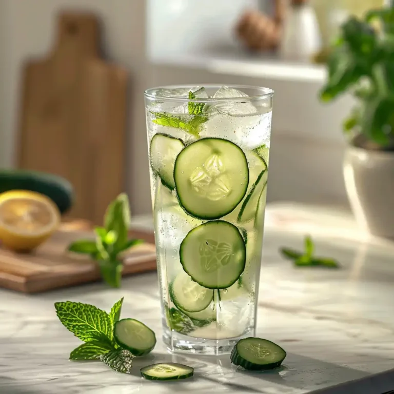 Served glass of infused ice water with cucumber and mint on a cozy kitchen table