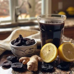 Served glass of prune juice with lemon wedge and mint garnish