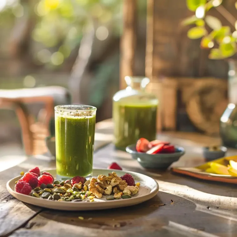 Served moringa detox drink with a breakfast plate in natural light