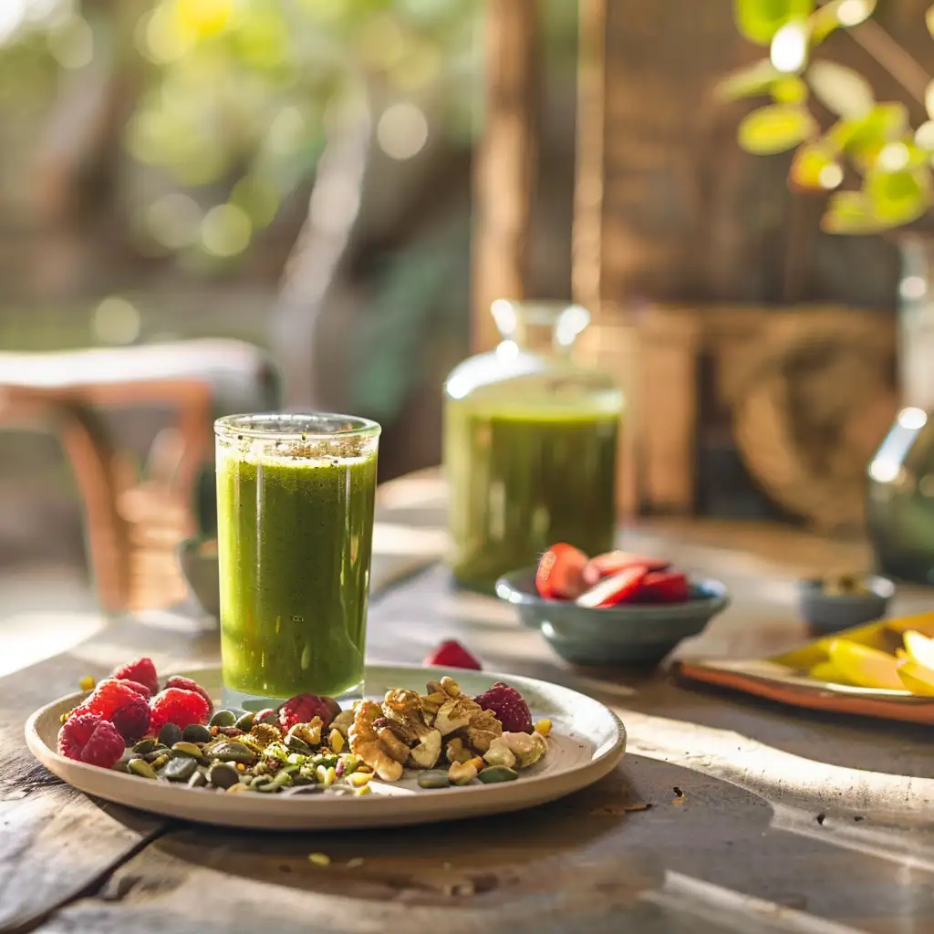 Served moringa detox your body drink with a breakfast plate in natural light