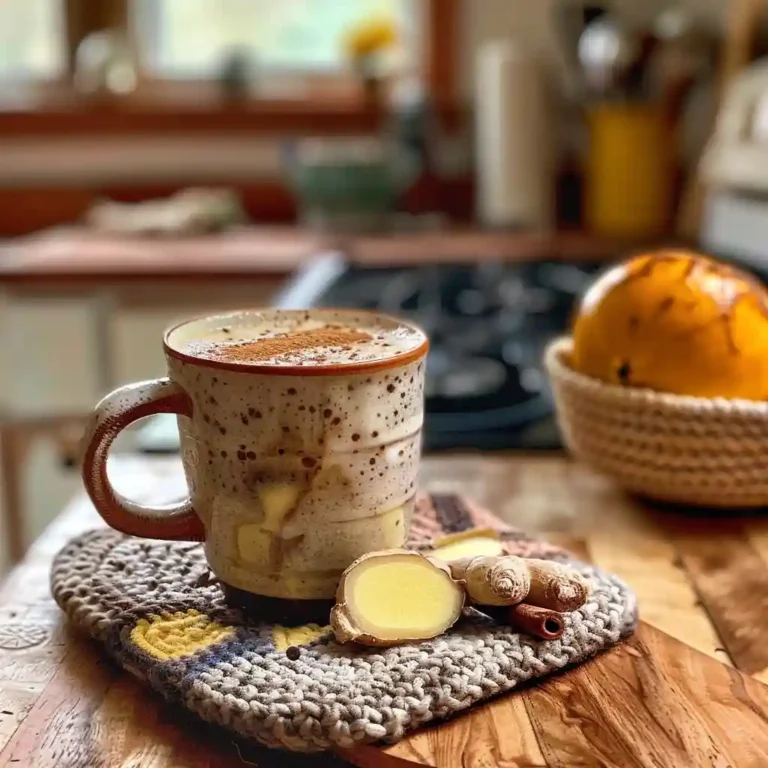 Serving of warm prune juice and butter in a handmade mug with ginger slice