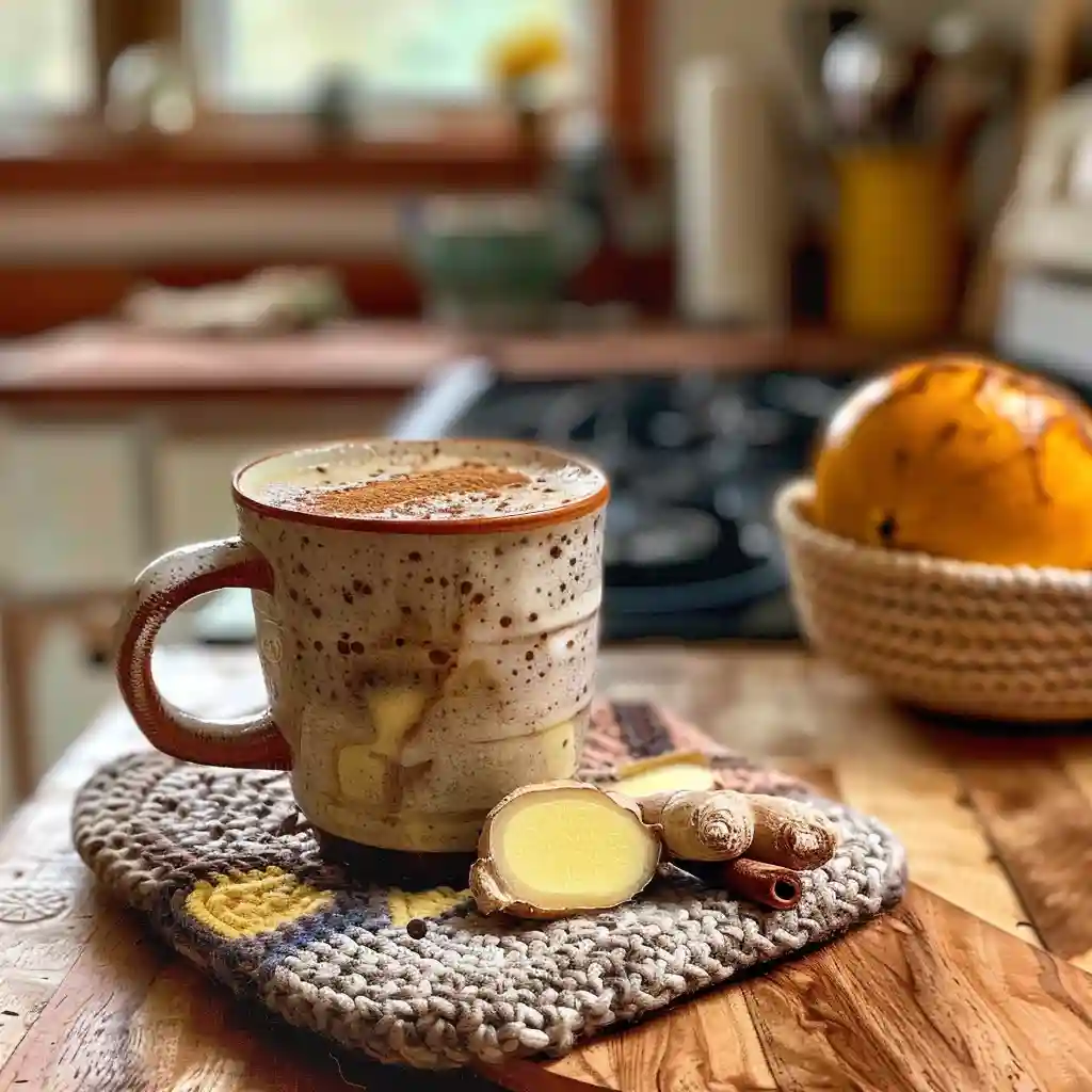Serving of warm prune juice and butter in a handmade mug with ginger slice