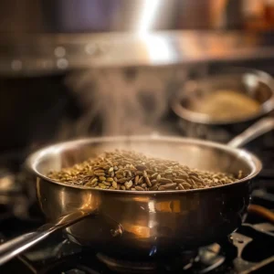 Simmering cumin and fennel seeds in a small pot on a stove with rising steam