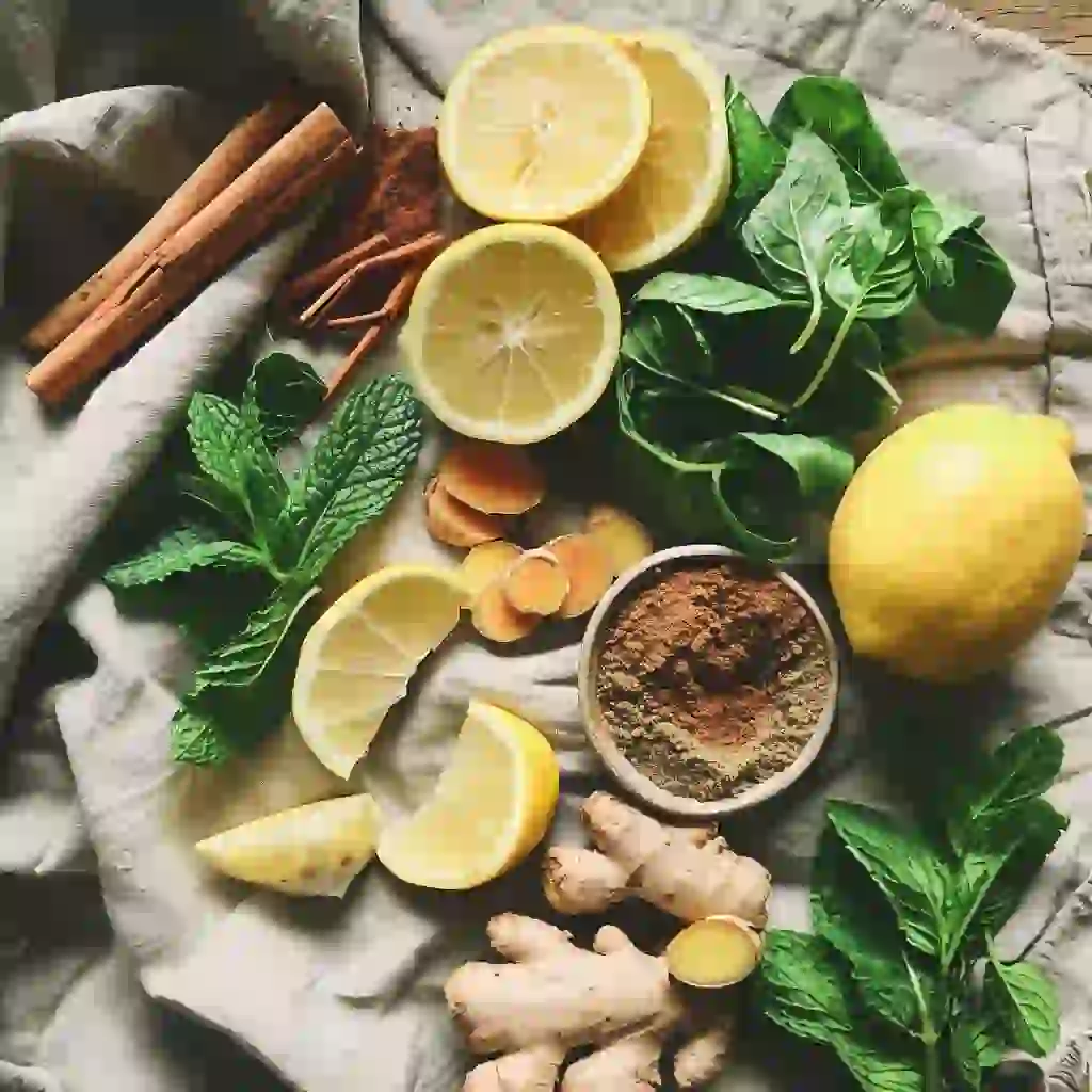 Soursop leaves, moringa, lemon, cinnamon, ginger and mint arranged on kitchen cloth