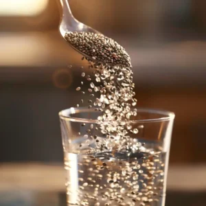 Spoon stirring chia seeds into water in a glass as gel forms
