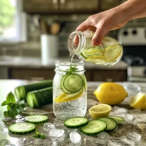 Squeezing fresh lemon into a mason jar of ice water with mint and cucumber in kitchen