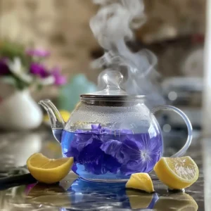 Steaming butterfly pea tea in glass pot with lemon nearby – Mounjaro preparation