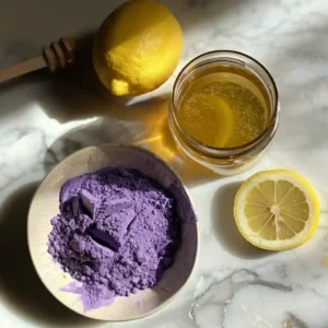 Steeping dried purple fruit peels in hot water with lemon and honey