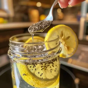 Stirring chia seeds into lemon water for a bariatric weight loss drink