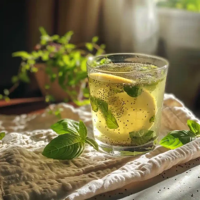 Stirring homemade weight loss seed drink in glass jar with lemon and mint