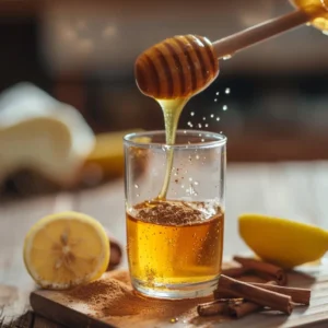 Stirring honey into a glass of warm water with apple cider vinegar and lemon juice