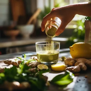 Stirring moringa powder into a warm detox drink with lemon and ginger