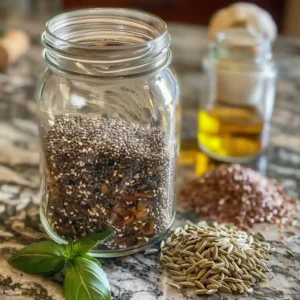 Stirring seeds in water with lemon and mint for homemade weight loss drink